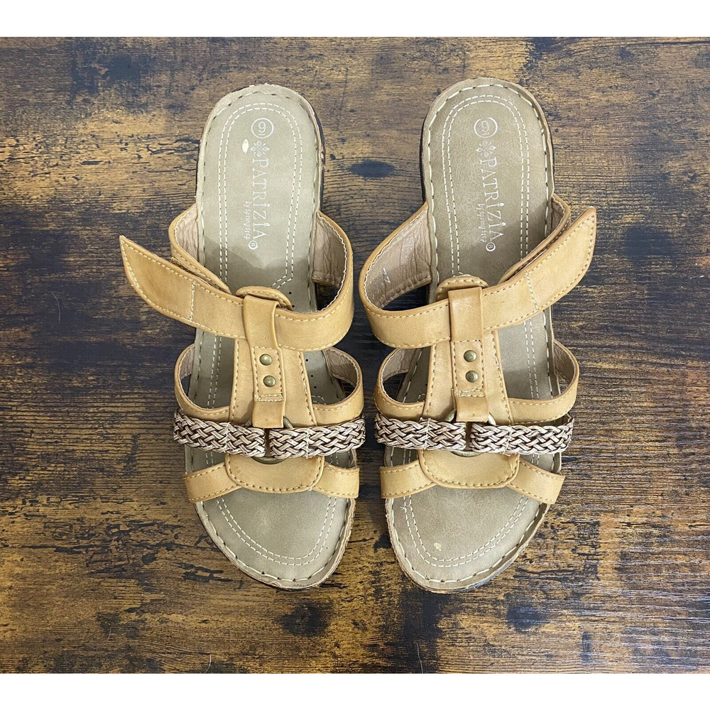 Patrizia Spring Step Wedge Sandals Womens Sz 9 Tan Leather Open Toe Boho Peasant